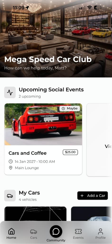 Member mobile app home screen with club events, vehicles, and community